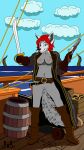  2021 2d_animation adventure animated anthro blue_eyes canid canine canis clothing day female furniture genitals hair hi_res husram long_boots long_cape looking_at_viewer mammal navel nipples nude pirate pussy red_hair sea ship short_playtime solo vehicle water watercraft weapon white_body widescreen wolf 