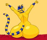  animal_crossing ankha_(animal_crossing) anthro big_butt blue_hair butt domestic_cat felid feline felis female fur genitals gindabu hair hi_res huge_butt looking_back mammal nintendo pussy solo stretching video_games wide_hips yellow_body yellow_fur 