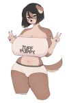  2021 anthro artist_name big_breasts black_hair breasts brown_body brown_eyes brown_fur canid canine canis cherrikissu cleavage clothed clothing curvy_figure domestic_dog english_text female fur hair hi_res huge_breasts looking_at_viewer mammal navel panties shirt simple_background solo tank_top text text_on_clothing text_on_shirt text_on_tank_top text_on_topwear thick_thighs tongue tongue_out topwear underwear voluptuous white_background wide_hips 