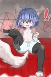  ! absurd_res akari blue_eyes blue_hair blush bottomwear brown_body brown_fur claws clothed clothing coat digital_media_(artwork) disembodied_hand duo fluffy fluffy_tail fur hair hands_behind_back heterochromia hi_res inner_ear_fluff long_tail male pawpads pentagram pink_pawpads raised_leg sitting topless topwear tuft white_body white_fur yellow_eyes young 