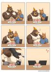  &lt;3 2021 absurd_res anthro belly birthday birthday_cake blush bottomwear brown_body brown_fur bulge cake canid canine canis carrying chair clothed clothing comic dessert domestic_dog duo erection erection_under_clothing food fur furniture hat headgear headwear hi_res jumperbear kemono male male/male mammal overweight overweight_male pants party_hat shirt sitting text topwear url ursid 