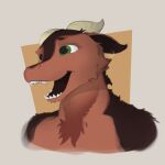  1:1 andr0ch anthro brown_body brown_fur bust_portrait dragon ear_piercing ear_ring fur furred_dragon green_eyes hi_res horn looking_away male piercing portrait reed_(andr0ch) simple_background smile solo 
