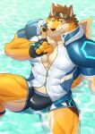  abs absurd_res anthro barrel_(live-a-hero) beach bulge canid canine canis clothing eyewear fingerless_gloves gloves goggles gohki_shiranui handwear hi_res keijimohumohu lifewonders live-a-hero male mammal muscular muscular_anthro muscular_male one_eye_closed partially_submerged pecs seaside solo swimwear video_games water wink wolf 