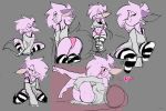  &lt;3 3:2 anthro bodily_fluids butt clothed clothing female fur grey_background hi_res kneeling legwear long_sleeves multiple_poses panties pattern_clothing pattern_legwear pink_body pink_fur pose ri_denueth simple_background sitting solo striped_clothing striped_legwear stripes sweat thigh_highs underwear unknown_species 