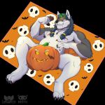  1:1 anthro belly bone braided_hair candy canid canine canis chocolate collaboration dessert donlemurejo eyewear food fruit glasses hair halloween hi_res holidays krepht male mammal plant pumpkin skull slightly_chubby solo wolf ych_result 