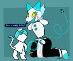  absurd_res ambiguous_gender android anthro blush boots clothing deltarune dialogue duo english_text felid feline felis female feral floating_hands floating_head footwear hi_res holding_object holding_weapon humanoid machine mammal open_mouth petting robot simple_background smile tasque tasque_manager temothy text undertale_(series) video_games weapon whip 