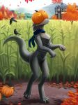  2021 ambiguous_gender anthro avian biped bird blep building claws conditional_dnp detailed_background digitigrade field flora_(twokinds) food fruit guardian_(twokinds) halloween hi_res holidays jack-o&#039;-lantern jewish_mythology karen_taverndatter madam_reni_(twokinds) madelyn_adelaide magic mask mrs._nibbly mythological_golem mythology outside plant pumpkin reptile rock scalie scarf semi-anthro solo toe_claws tom_fischbach tongue tongue_out trace_legacy tree twokinds webcomic 