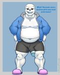  2021 animated_skeleton anterior_nasal_aperture belly blue_background blue_clothing blue_glans blue_hoodie blue_tongue blue_topwear bone bottomwear bulge clothing dialogue english_text front_view genital_outline genitals glans grey_bottomwear grey_clothing grey_shorts hi_res hoodie humanoid humanoid_genitalia humanoid_penis hunnipanda looking_at_viewer male navel nipple_outline not_furry obese open_mouth open_smile overweight penis penis_outline penis_through_leghole pink_slippers poking_out sans_(undertale) shirt shorts simple_background skeleton slippers smile solo standing teeth text tongue topwear undead undertale undertale_(series) video_games white_body white_clothing white_shirt white_topwear 