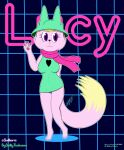  absurd_res blonde_hair canid canine canis clothed clothing deltarune dress female hair hat headgear headwear hi_res lucy_rojas mammal neon_lights pink_body ralsei sattiaris scarf simple_background solo text undertale_(series) underwear video_games waving_hand wolf 
