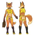  anthro bellhop butt canid canine chaps chastity_cage chastity_device clothed clothing crotchless_shorts fox hat headgear headwear male mammal simple_background skimpy solo spacedog topwear white_background 
