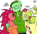  annoyed anthro bodily_fluids candy clothing dessert ev_htf_(artist) female flaky_(htf) flippy_(htf) food fur green_body green_fur group happy_tree_friends headgear headwear looking_at_viewer male mammal nutty_(htf) porcupine red_body red_fur rodent sciurid smile sweat tree_squirrel ursid 