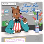  1:1 absurd_res anthro bedroom_eyes candy canid canine dessert english_text food hi_res licking lollipop male mammal narrowed_eyes penis_lollipop seductive sekuhara solo text tongue tongue_out 