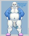  2021 animated_skeleton anterior_nasal_aperture balls belly big_balls big_penis blue_background blue_clothing blue_glans blue_hoodie blue_nipples blue_tongue blue_topwear bone bottomless clothed clothing dialogue english_text erection front_view genitals glans hi_res hoodie huge_penis humanoid humanoid_genitalia humanoid_penis humor hunnipanda joke looking_at_viewer male navel nipples not_furry obese open_mouth open_smile overweight penis pink_slippers sans_(undertale) simple_background skeleton slippers smile solo standing teeth text thick_penis tongue topwear undead undertale undertale_(series) vein veiny_penis video_games white_balls white_body white_penis 
