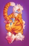  4_toes anthro big_butt blue_highlights braided_hair breasts butt buxbi buxbi_(character) eyebrow_through_hair eyebrows feet felid female fur hair hi_res highlights_(coloring) kneeling long_hair looking_at_viewer looking_back mammal nude orange_body orange_fur pantherine pawpads rear_view signature slightly_chubby solo striped_body striped_fur stripes thick_thighs tiger toes translucent translucent_hair twinkle_tush white_body white_fur white_hair yellow_eyes 