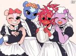  accessory anthro blue_body blue_fur blush bovid caprine chipmunk clothed clothing domestic_sheep ev_htf_(artist) female flaky_(htf) fur giggles_(htf) ground_squirrel group hair_accessory hair_bow hair_ribbon happy_tree_friends lammy_(htf) looking_at_viewer maid_apron maid_headdress maid_uniform mammal mephitid open_mouth petunia_(htf) ribbons rodent sciurid sheep skunk smile uniform 