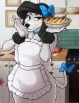  2021 anthro breasts canid canine canis clothed clothing dessert detailed_background digital_media_(artwork) domestic_dog feathers female food hi_res looking_at_viewer mammal pie princess_(nicoya) smile solo yellow_eyes zyira 
