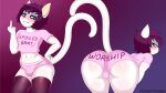  16:9 absurd_res anthro balls_outline belly bent_over big_butt blush bottomwear bulge butt clothed clothing cody_(pizzakittynyan) detailed_bulge domestic_cat evil_grin eyelashes felid feline felis fingers fur genital_outline girly grin hair hi_res hotpants legwear looking_at_viewer looking_back male mammal narrowed_eyes pizzakittynyan purple_hair rear_view shirt shorts simple_background smile solo stockings teeth text text_on_clothing thick_thighs thigh_highs topwear white_body white_fur widescreen 