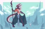  2021 4_toes absurd_res anthro breasts brown_body digitigrade dragon duo featureless_breasts feet female hair hi_res holding_polearm horn outside razulia_(trololohstuffs) red_sclera size_difference solo_focus standing toes trololohstuffs white_hair 