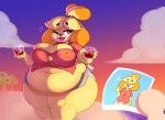  2021 5_fingers alcohol animal_crossing anthro beach before_and_after belly belly_overhang beverage big_belly big_breasts black_nose blonde_hair blush breasts canid canine canis clothed clothing cloud domestic_dog eyelashes female fingers fur hair hi_res holding_beverage holding_object isabelle_(animal_crossing) mammal mysterydad nintendo obese obese_anthro obese_female one_eye_closed outside overweight overweight_anthro overweight_female photo plant seaside shih_tzu solo straining_buttons toy_dog tree video_games weight_gain whiskey wink yellow_body yellow_fur 