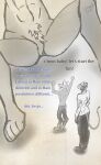  anthro big_legs black_body black_fur brown_body brown_fur canid canine canis domestic_dog duo english_text felid feline female fur leopard long_tail macro male male/female mammal pantherine questionable_consent sethmetparriere text though thoughtful 