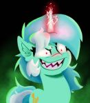  absurd_res cutie_mark equid equine friendship_is_magic green_hair green_theme hair hi_res horn lyra_heartstrings_(mlp) mammal multicolored_hair my_little_pony portrait red_eyes sharp_teeth smile solo teeth two_tone_hair unicorn white_hair witchtaunter 