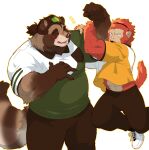  2021 absurd_res anthro black_nose booboo34 booboo_2544 bottomwear brown_body brown_fur canid canine clothing duo eyes_closed fur hi_res humanoid_hands kemono leaf male mammal musclegut overweight overweight_male pants raccoon_dog shirt simple_background solo tanuki topwear white_background 
