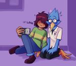  ambiguous_gender annoying_dog_(undertale) avian beak berdly bird blue_body blue_feathers blush bodily_fluids bottomwear cellphone clothed clothing deltarune duo embarrassed english_text eyewear feathers footwear fully_clothed glasses hi_res human kris_(deltarune) leaning looking_at_cellphone looking_at_object looking_at_phone male male/ambiguous mammal pants pen phone red_eyes shirt shoes simple_background sitting sweat sweatdrop text topwear unaloid undertale undertale_(series) video_games yellow_beak 