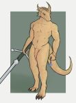  anthro daf dragonborn dungeons_and_dragons flaccid genitals green_eyes hasbro hi_res holding_object holding_weapon horn jewelry looking_away male melee_weapon necklace nude penis simple_background solo standing sword weapon wizards_of_the_coast 