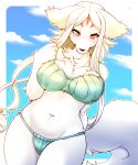  anthro belly bikini blush breasts canid canine canis clothing domestic_dog female fur hair head_markings helga_(world_flipper) hi_res kemono looking_at_viewer mammal markings navel outside pupils risuou sky slit_pupils solo swimwear video_games white_body white_fur world_flipper yellow_eyes 