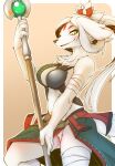  2021 anthro armor barely_visible_genitalia barely_visible_pussy blush breasts canid canine facial_markings female fur genitals hair head_markings helga_(world_flipper) hi_res kemono looking_at_viewer mammal markings navel pussy red_markings risuou simple_background smile smiling_at_viewer solo staff tied_hair unconvincing_armor video_games white_body white_fur white_hair world_flipper yellow_eyes 