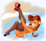  2021 anthro bedroom_eyes breasts brown_body brown_fur brown_hair clothing disney english_text female fur hair half-closed_eyes hi_res legwear legwear_only looking_at_viewer lying mammal minxydoodle mostly_nude narrowed_eyes nipples on_back one_leg_up open_mouth open_smile pinup pose raised_leg rebecca_cunningham seductive smile solo stockings talespin text ursid 