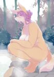  2021 absurd_res anthro bath biped bodily_fluids breasts canid canine countershade_fur countershading crouching dipstick_tail female fox fur hair hair_bun hi_res hot_spring kemono looking_at_viewer mammal markings mature_anthro mature_female multicolored_body multicolored_fur multicolored_tail nude onsen pupils purple_hair side_view signature slit_pupils smile solo steam sweat tail_markings two_tone_body two_tone_fur ukenya water white_body white_fur yellow_body yellow_fur 