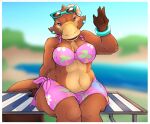  4_fingers anthro armband beach_chair beak bikini blurred_background brown_body clothing detailed_background elle_the_platypus eyewear eyewear_on_head female fingers flower_on_head front_view gesture looking_at_viewer mammal monotreme navel outside platypus sitting slightly_chubby solo sunglasses sunglasses_on_head swimwear touchofsnow ty_the_tasmanian_tiger_(series) video_games waving wide_hips 