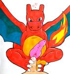  3_toes absurd_res anthro belly big_belly bodily_fluids charizard claws duo fangs feet fire first_person_view foot_fetish foot_play footjob genital_fluids glistening glistening_body glury_the_unown hi_res human interspecies knot looking_at_viewer male male/male mammal nintendo pok&eacute;mon pok&eacute;mon_(species) pok&eacute;philia precum sex simple_background slit toes tongue tongue_out traditional_media_(artwork) video_games white_background 