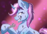  blue_body dirty equid equine feral grin gyro_tech hasbro hi_res horn looking_back male mammal mane my_little_pony pink_background pink_body pixel-prism portrait simple_background smile solo tools unicorn unicorn_horn wrench 