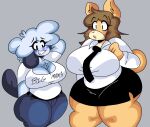  anthro big_breasts bottomwear breasts canid canine canis cleavage clothed clothing debbie_(lewd_dorky) domestic_dog duo female grey_background hi_res june_(jinu) lewd_dorky mammal mature_female miniskirt necktie pencil_skirt shiba_inu simple_background skirt spitz thick_thighs 