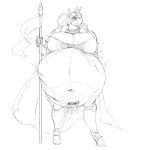  1:1 5_fingers abdominal_bulge anthro anthro_pred armor belly big_belly big_breasts biped breasts cape cleavage clothed clothing deep_navel digestion digestion_noises equid equine female female_pred fingers front_view full-length_portrait fur graphite_(artwork) greyscale grindavikbydaylight guard hair hair_bun hi_res holding_object holding_weapon horn horse huge_breasts humanoid_hands looking_away mammal melee_weapon monochrome monotone_body monotone_fur monotone_hair navel onomatopoeia oral_vore pencil_(artwork) polearm portrait rumbling_stomach same_size_vore serious simple_background soft_vore solo sound_effects spear standing text topwear traditional_media_(artwork) unicorn vore weapon white_background white_body white_fur white_hair 