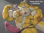  4:3 abs anthro biceps big_muscles big_pecs big_penis birthday birthday_cake bodily_fluids cake candle clothed clothing dessert dragon erection flexing food genital_fluids genitals happy_birthday horn huge_muscles huge_penis humanoid_genitalia humanoid_penis humanoid_penis_in_slit jockstrap looking_at_viewer male masterelrest muscular muscular_anthro muscular_male nipple_piercing nipples pecs penis piercing precum simple_background slit solo text topless underwear yellow_body 