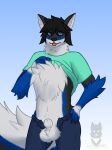  anthro blep canid canine canis clothed clothing clothing_lift eyewear fluffy fluffy_chest fluffy_tail glasses hi_res male mammal partially_clothed sirdoomwolf solo tongue tongue_out wolf 