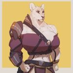  1:1 2021 abs anthro armor big_breasts breasts bulky cleavage clothed clothing digital_media_(artwork) felid female hi_res huge_breasts lion mammal midriff muscular muscular_anthro muscular_female pantherine pecs red_eyes solo unconvincing_armor yo-lander 