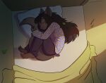  anthro barefoot bed bed_sheet bedding canid canine canis clothing dragonkai emily_(twin_dragons) feet female furniture hair inside leaf long_hair mammal pajamas sleeping soles solo tail_cuddle toes twig twin_dragons_(webcomic) wolf young 
