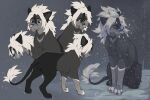  2021 ambiguous_gender black_body black_fur brown_eyes canid canine digital_media_(artwork) felid feline feral fur grey_body grey_fur hair hi_res hybrid mammal paws reysi sitting smile solo standing white_hair 