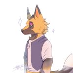  1:1 2021 animal_crossing anthro biped bottomless brown_body brown_fur brown_hair canid canine canis clothed clothing fur hair hi_res jewelry kyle_(animal_crossing) male mammal neck_tuft necklace nintendo orange_inner_ear purple_eyelids rechiigu shirt signature simple_background smile smirk solo sparkles tan_body tan_fur topwear tuft vest video_games wolf 