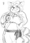  2021 ailurid anthro asian_clothing biped camera clothing east_asian_clothing hi_res humanoid_hands japanese_clothing kemono lifewonders mammal monochrome okoge_16 red_panda simple_background sketch solo tokyo_afterschool_summoners video_games white_abckground white_background zhurong_(tas) 