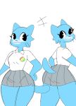 anthro blue_body bottomwear breasts butt_pose cartoon_eyes cartoon_network cat_tail clothing digital_media_(artwork) domestic_cat eyelashes felid feline felis female grey_clothing hi_res looking_back mammal nicole_watterson office_clothing office_lady office_uniform pencil_skirt polo_shirt pose puppychan48 shirt simple_background simple_eyes skirt smile solo the_amazing_world_of_gumball thick_thighs topwear uniform white_background white_clothing wide_hips 