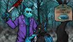  anthro black_body black_fur blood blood_on_weapon blue_body blue_eyes blue_fur blue_inner_ear bodily_fluids canid canine canis cum duo friday_the_13th fur genital_fluids genitals hockey_mask jason_voorhees licking machete male male/male mammal mask melee_weapon oral penile penis penis_lick pupjarrad sex sports_mask sportswear tongue tongue_out video_games weapon wolf 