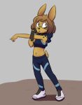  amy_(twin_dragons) anthro better_version_at_source big_ears clothing crop_top crop_top_hoodie dragonkai eyewear female glasses green_eyes hi_res jogging_outfit jogging_pants lagomorph leporid mammal midriff rabbit shirt simple_background solo stretching topwear twin_dragons_(webcomic) young 