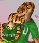  allosaurid allosaurus amber_(raphael) anthro anthrosaurs breasts cheerleader clothing dinosaur duo female kunitse looking_at_another male male/female mark_(raphael) non-mammal_breasts reptile romantic romantic_couple scalie scu_gang simple_background teeth text theropod topwear uniform url 