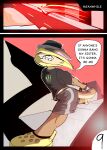  anthro blonde_hair clenched_teeth clothed clothing comic crocs english_text fedora gun hair hat headgear headwear hi_res incest_(lore) josh_(nerdawaykid) male mammal motion_lines nerdawaykid ranged_weapon red_sky rodent sciurid sidewalk sky solo tec-9 teeth text weapon 