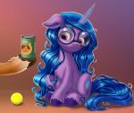  2021 ball bean bean_(legume) blue_hair can container cutie_mark digital_media_(artwork) earth_pony equid equine eyebrows eyewear female food fur glasses hair harwick hasbro hi_res hitch_trailblazer_(mlp) hooves horn horse izzy_moonbow_(mlp) legume long_hair mammal mlp_g5 mostly_offscreen_character my_little_pony plant pony purple_body purple_eyes purple_fur raised_eyebrow shaded solo tennis_ball unicorn 